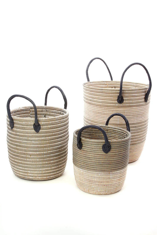 Set/3 Silver Mixed Stripe Baskets with Leather Handles