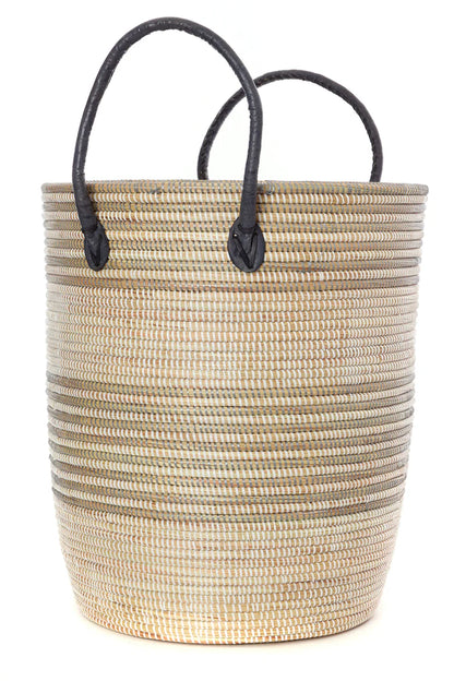 Set/3 Silver Mixed Stripe Baskets with Leather Handles