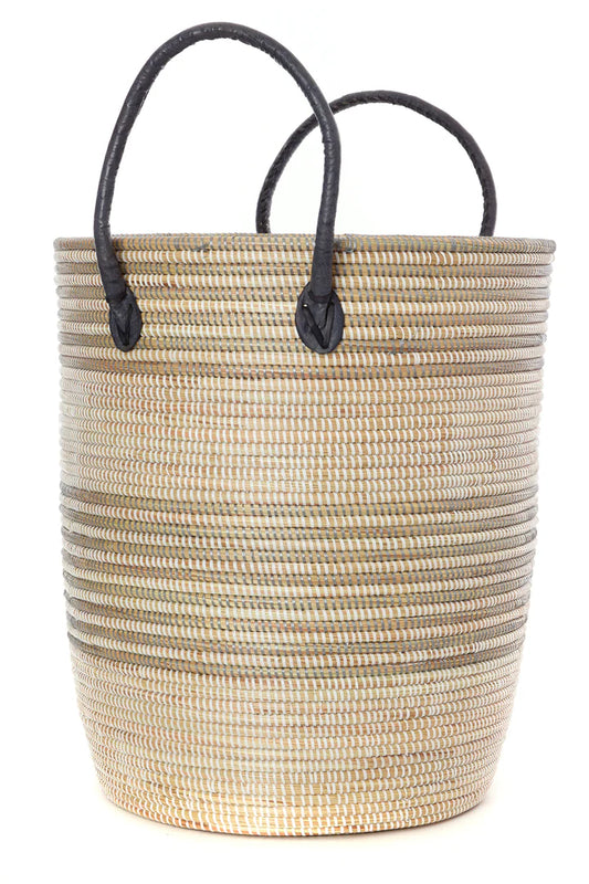 Set/3 Silver Mixed Stripe Baskets with Leather Handles