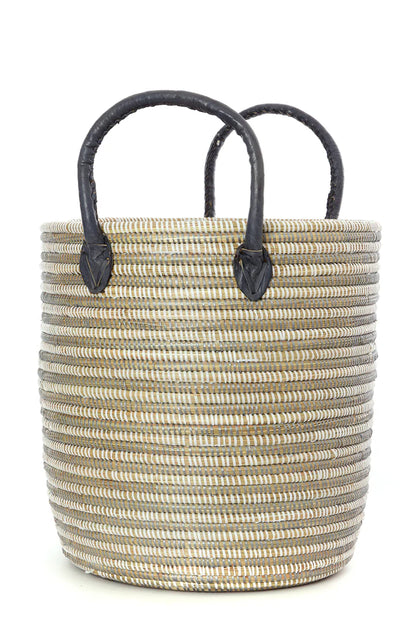 Set/3 Silver Mixed Stripe Baskets with Leather Handles