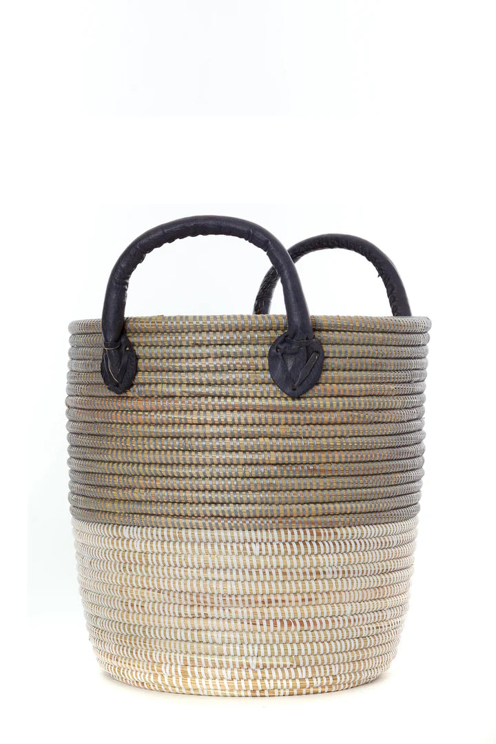 Set/3 Silver Mixed Stripe Baskets with Leather Handles