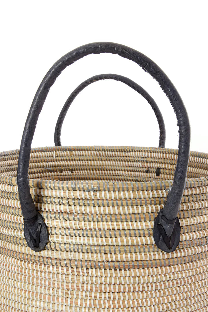 Set/3 Silver Mixed Stripe Baskets with Leather Handles