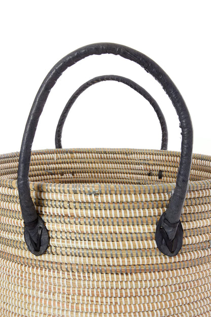 Set/3 Silver Mixed Stripe Baskets with Leather Handles