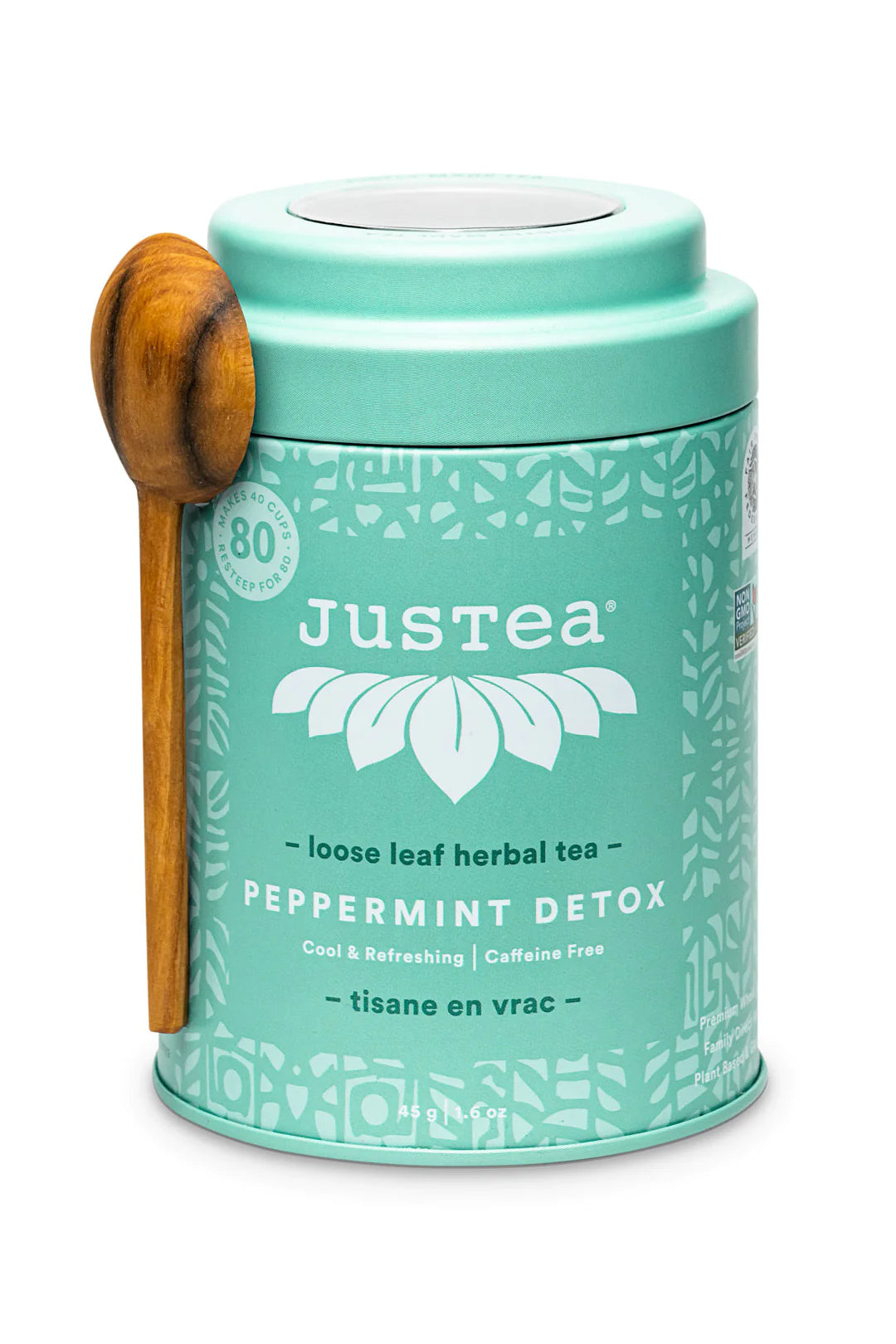 JusTea PEPPERMINT DETOX | Loose Leaf Herbal Tea | Tin with Hand Carved Tea Spoon | 40+ Cups (1.6oz) | Caffeine Free | Award-Winning | Fair Trade | Non-GMO