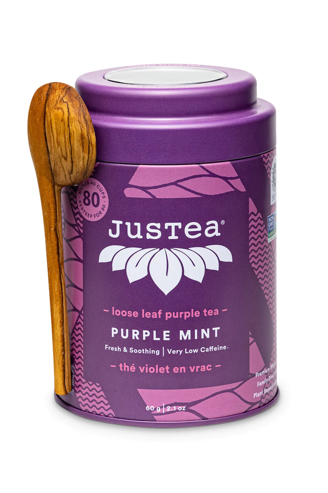 JusTea PURPLE RAIN | Loose Leaf Purple Tea | Tin with Hand Carved Tea Spoon | 40+ Cups (2.8oz) | Very Low Caffeine | Award-Winning | Fair Trade | Non-GMO