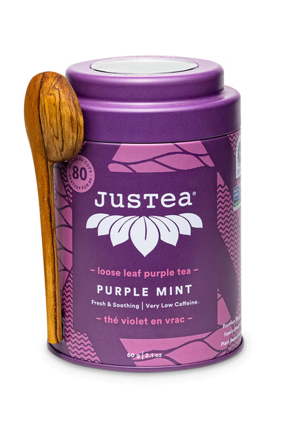JusTea PURPLE MINT | Loose Leaf Purple Tea | Tin with Hand Carved Tea Spoon | 40+ Cups (2.1oz) | Very Low Caffeine | Award-Winning | Fair Trade | Non-GMO