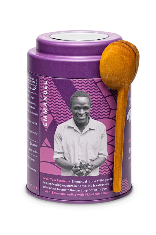 JusTea PURPLE MINT | Loose Leaf Purple Tea | Tin with Hand Carved Tea Spoon | 40+ Cups (2.1oz) | Very Low Caffeine | Award-Winning | Fair Trade | Non-GMO