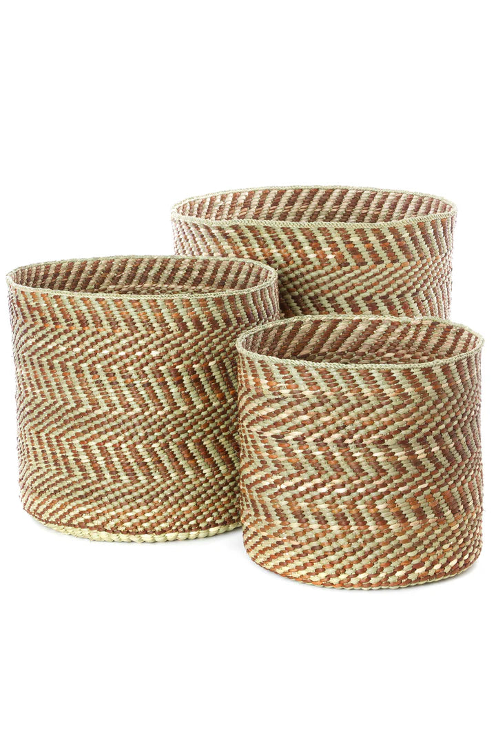 Brown & Natural Maila Milulu Reed Basket - Large, Set of (4)