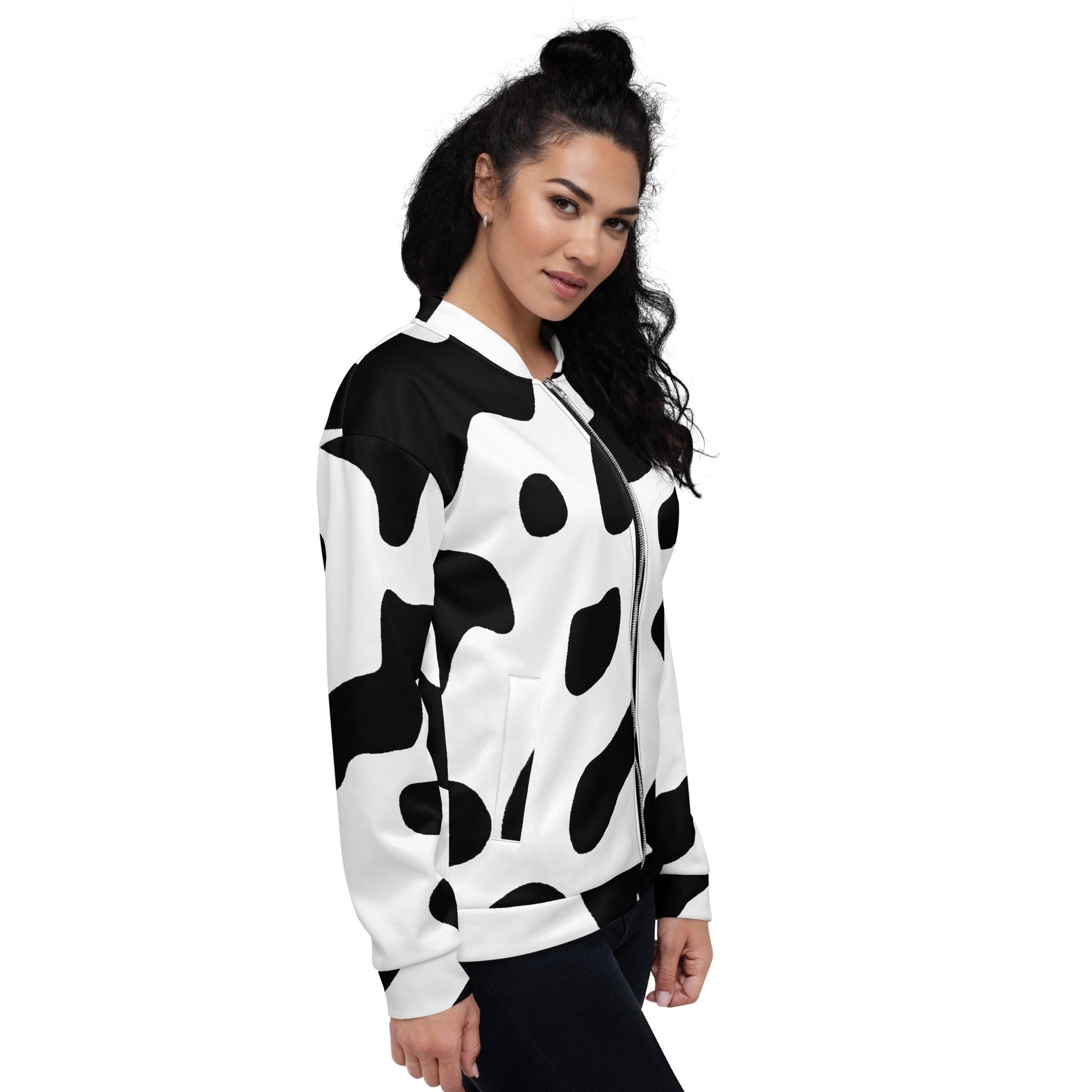 Womens Bomber Jacket - Black White Cow Print-2