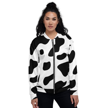 Womens Bomber Jacket - Black White Cow Print-0