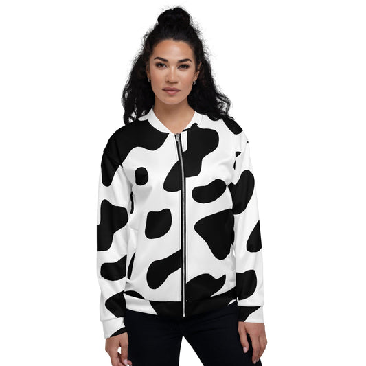Womens Bomber Jacket - Black White Cow Print-0
