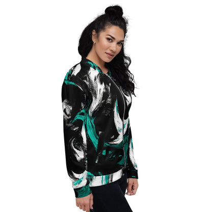Womens Bomber Jacket - Black Green White Abstract Pattern-2