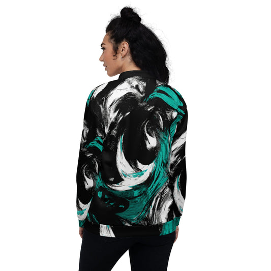 Womens Bomber Jacket - Black Green White Abstract Pattern-1