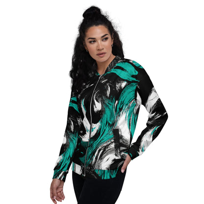 Womens Bomber Jacket - Black Green White Abstract Pattern-3