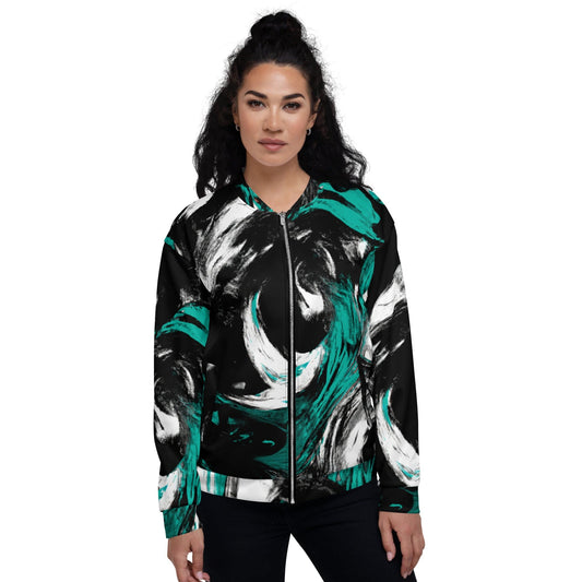Womens Bomber Jacket - Black Green White Abstract Pattern-0