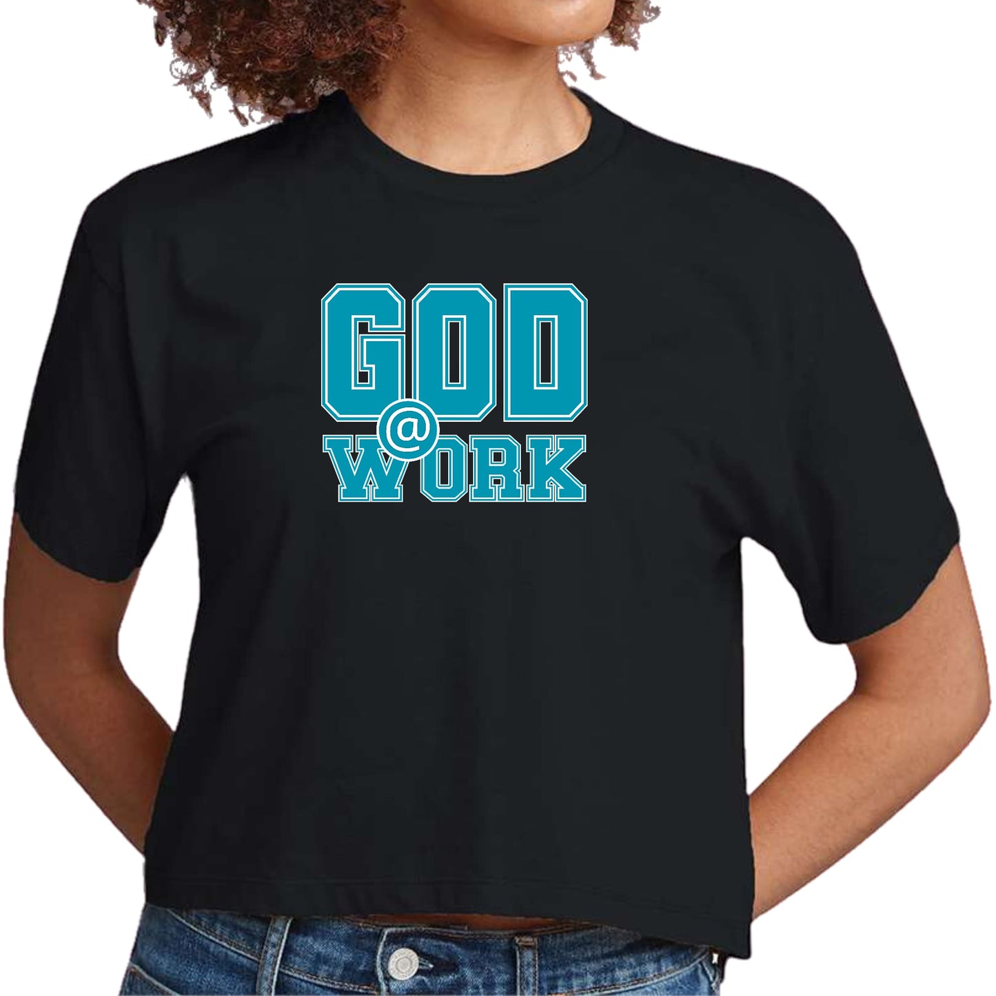 Womens Cropped Graphic T-shirt - God @ Work Blue Green and White Print-3