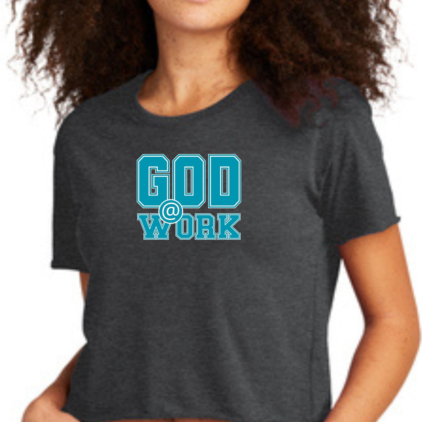 Womens Cropped Graphic T-shirt - God @ Work Blue Green and White Print-6