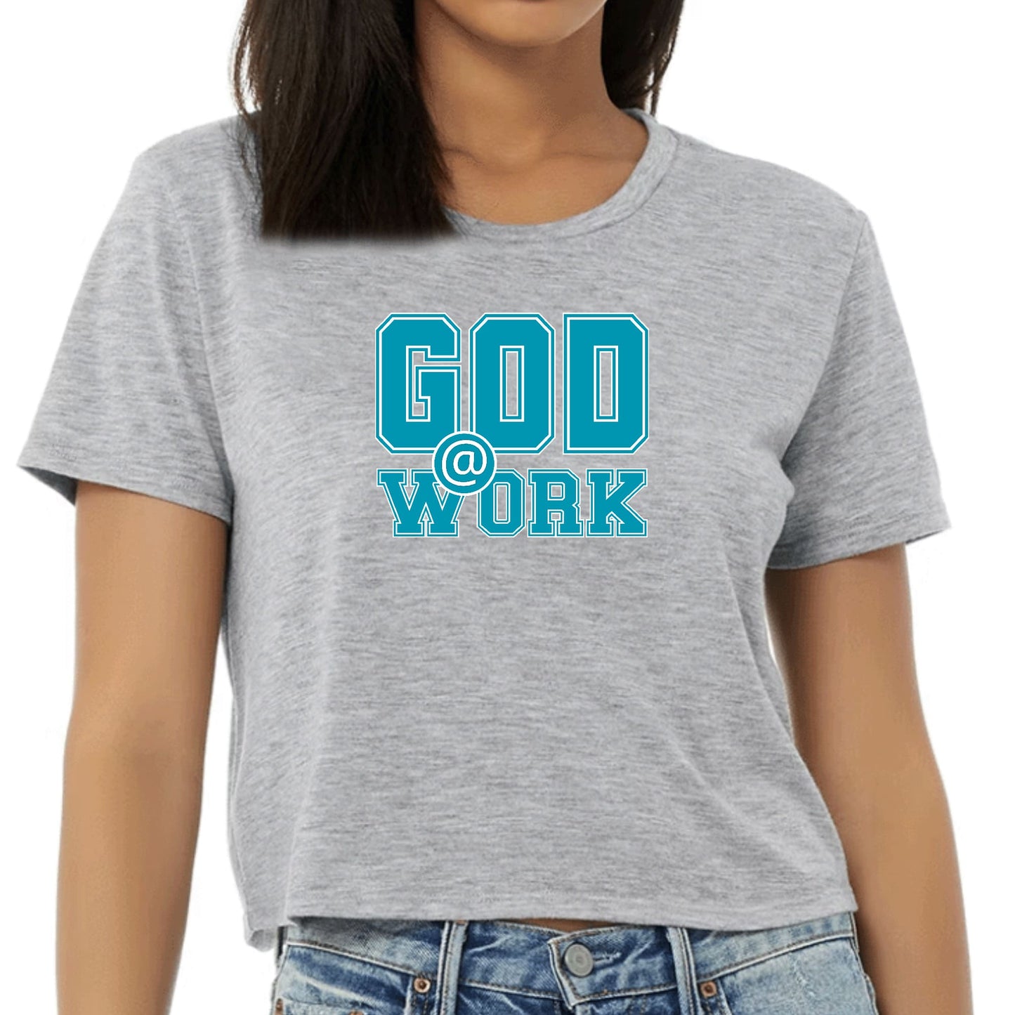 Womens Cropped Graphic T-shirt - God @ Work Blue Green and White Print-7