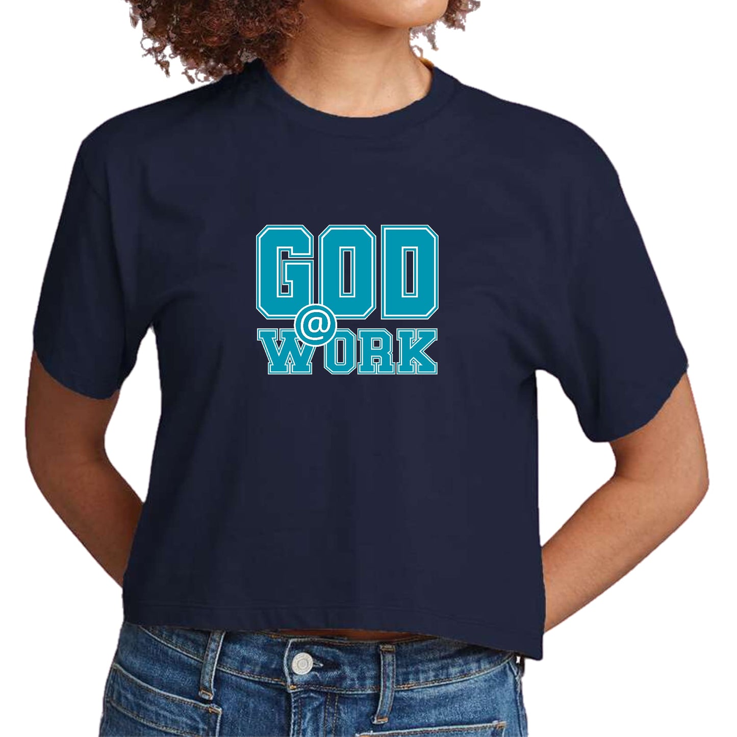 Womens Cropped Graphic T-shirt - God @ Work Blue Green and White Print-4