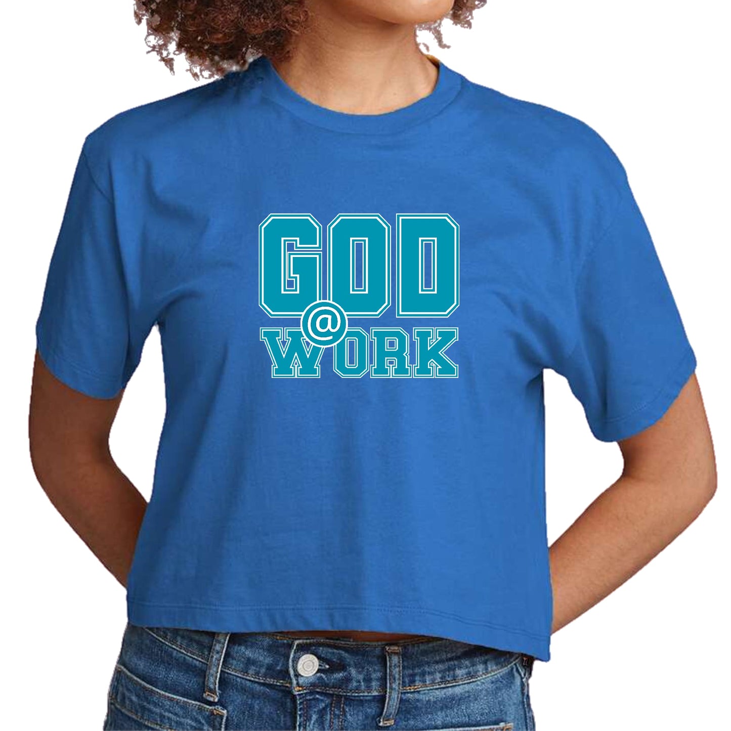 Womens Cropped Graphic T-shirt - God @ Work Blue Green and White Print-2