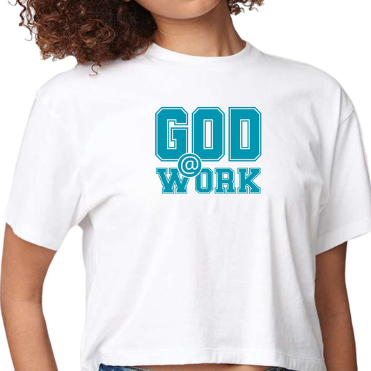 Womens Cropped Graphic T-shirt - God @ Work Blue Green and White Print-0