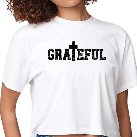 Womens Cropped Graphic T-shirt - Grateful Print-0