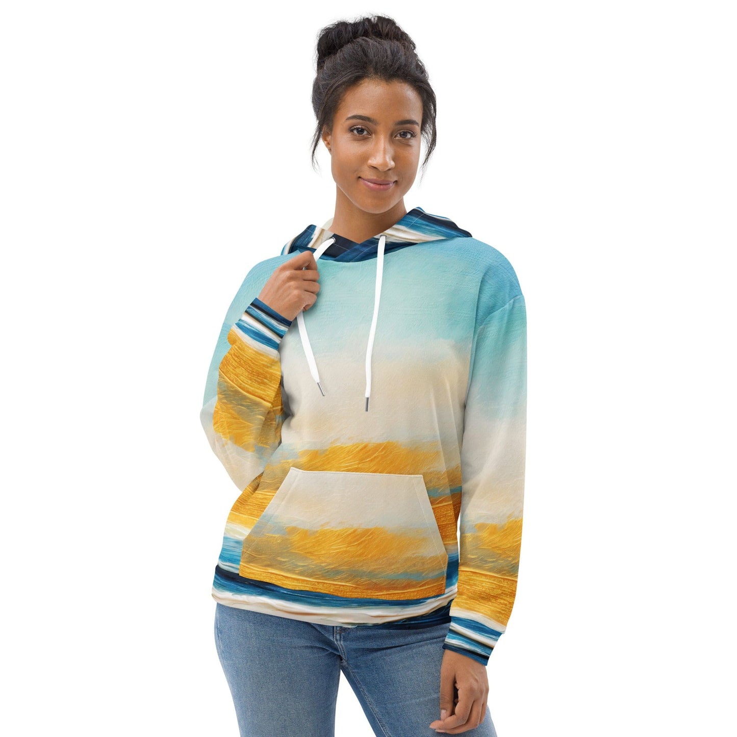 Womens Graphic Hoodie Blue Ocean Golden Sunset Print-0