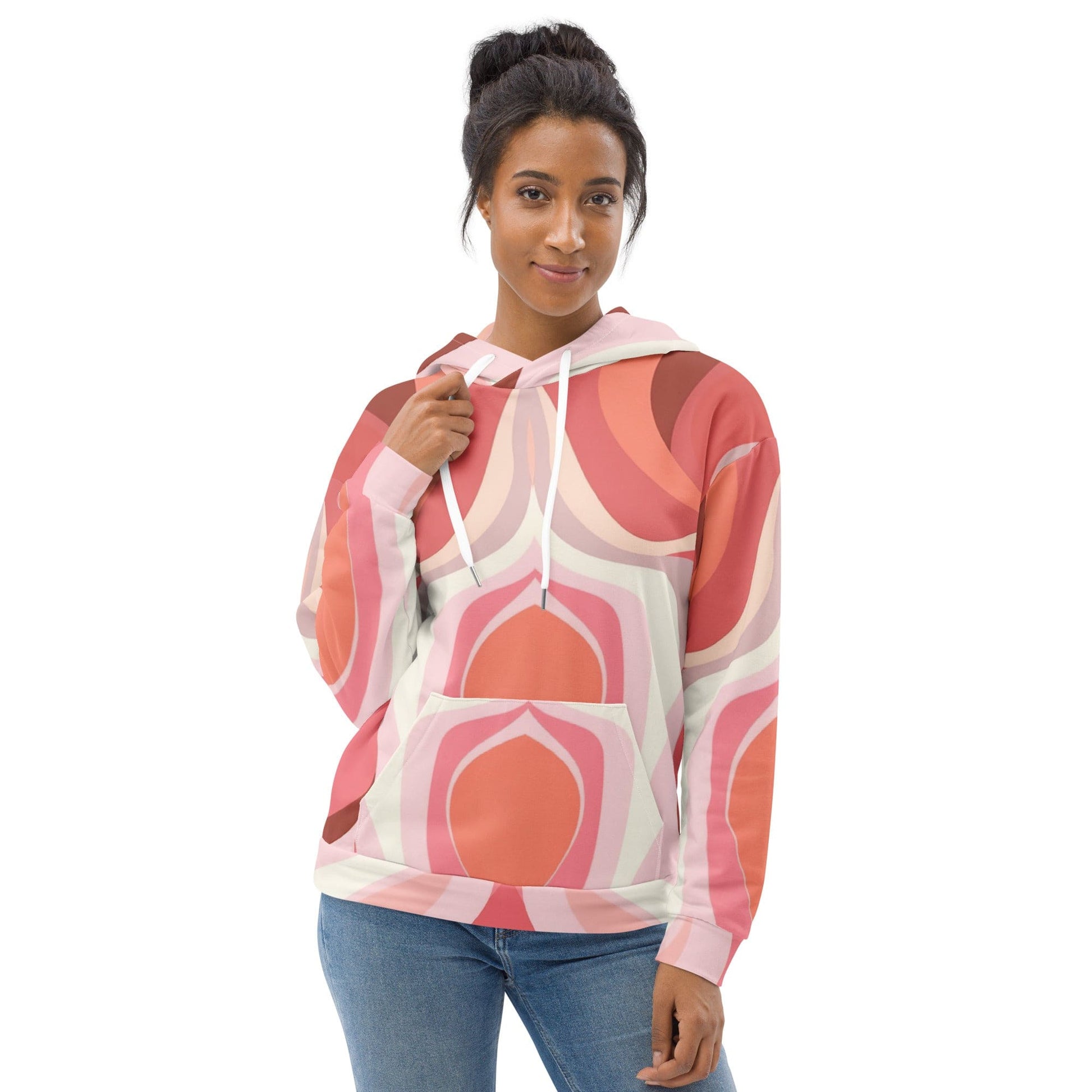 Womens Graphic Hoodie Pink White Boho Swirl Lines-0