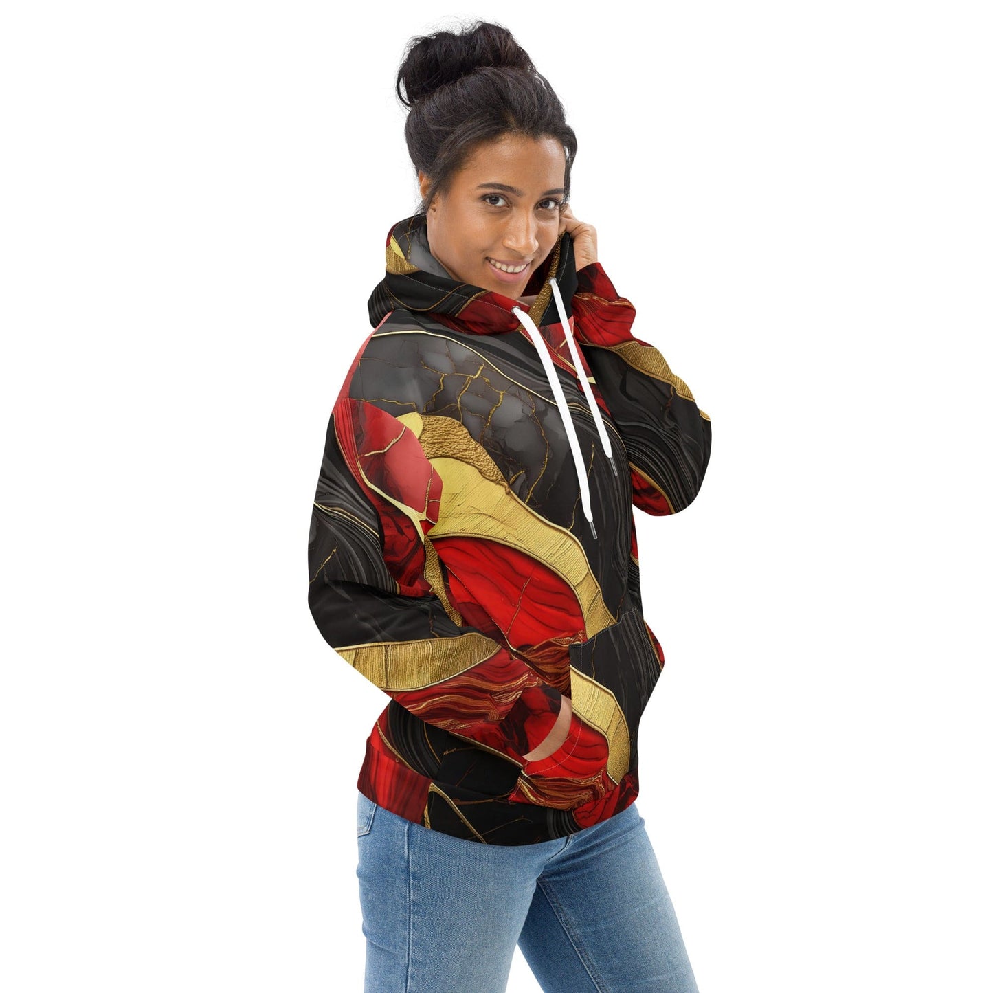 Womens Graphic Hoodie Bold Red Gold Tones Print-1