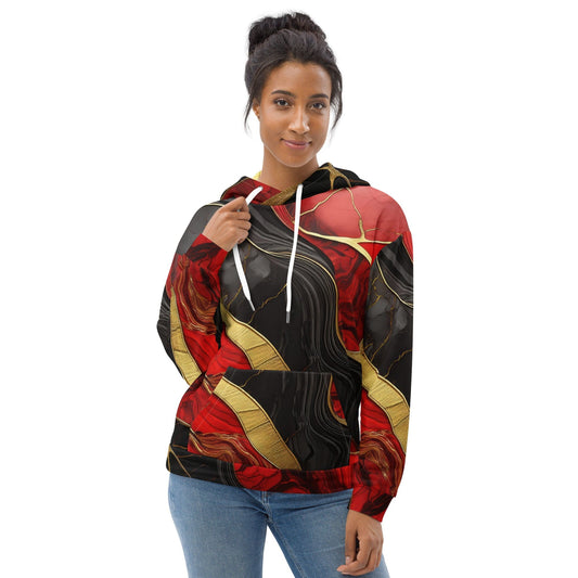 Womens Graphic Hoodie Bold Red Gold Tones Print-0