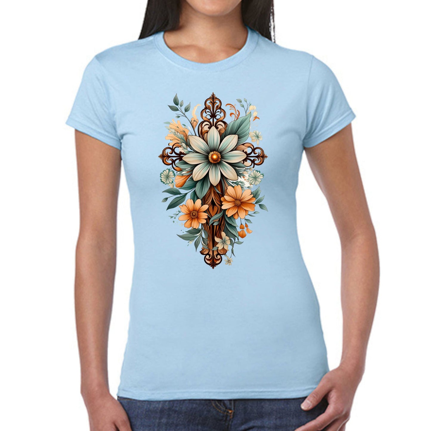 Womens Graphic T-shirt - Christian Cross Floral Bouquet Green and Brown-5