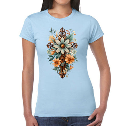 Womens Graphic T-shirt - Christian Cross Floral Bouquet Green and Brown-5