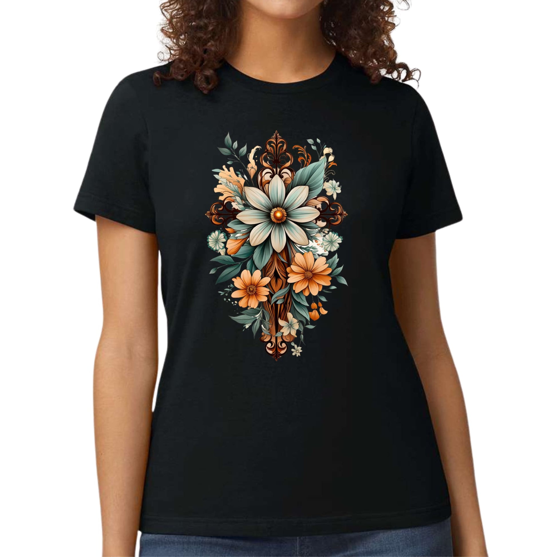 Womens Graphic T-shirt - Christian Cross Floral Bouquet Green and Brown-0