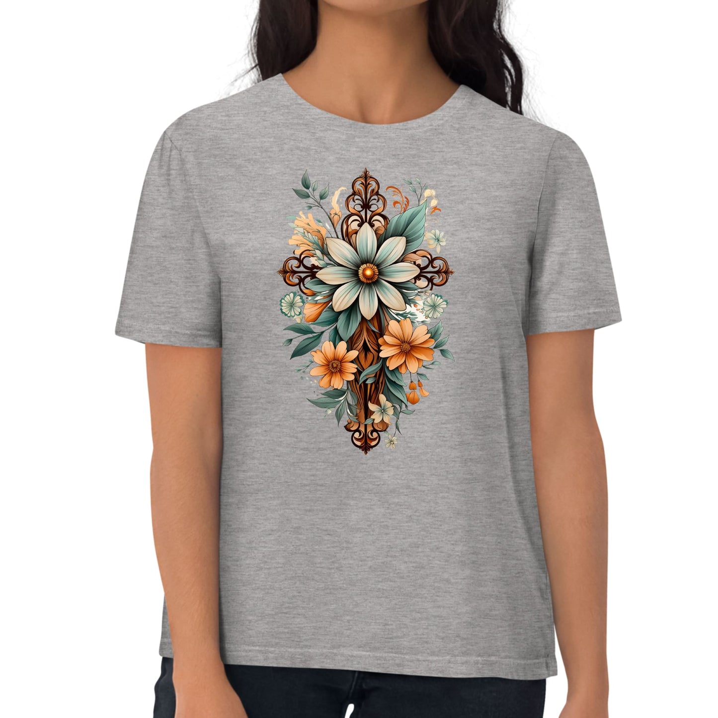 Womens Graphic T-shirt - Christian Cross Floral Bouquet Green and Brown-6