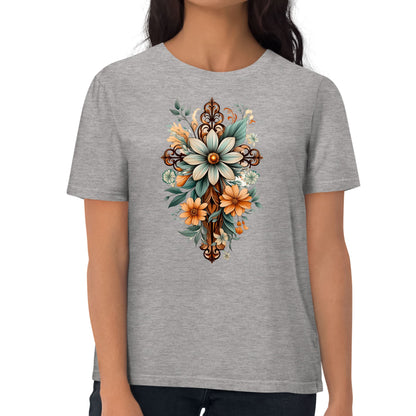 Womens Graphic T-shirt - Christian Cross Floral Bouquet Green and Brown-6