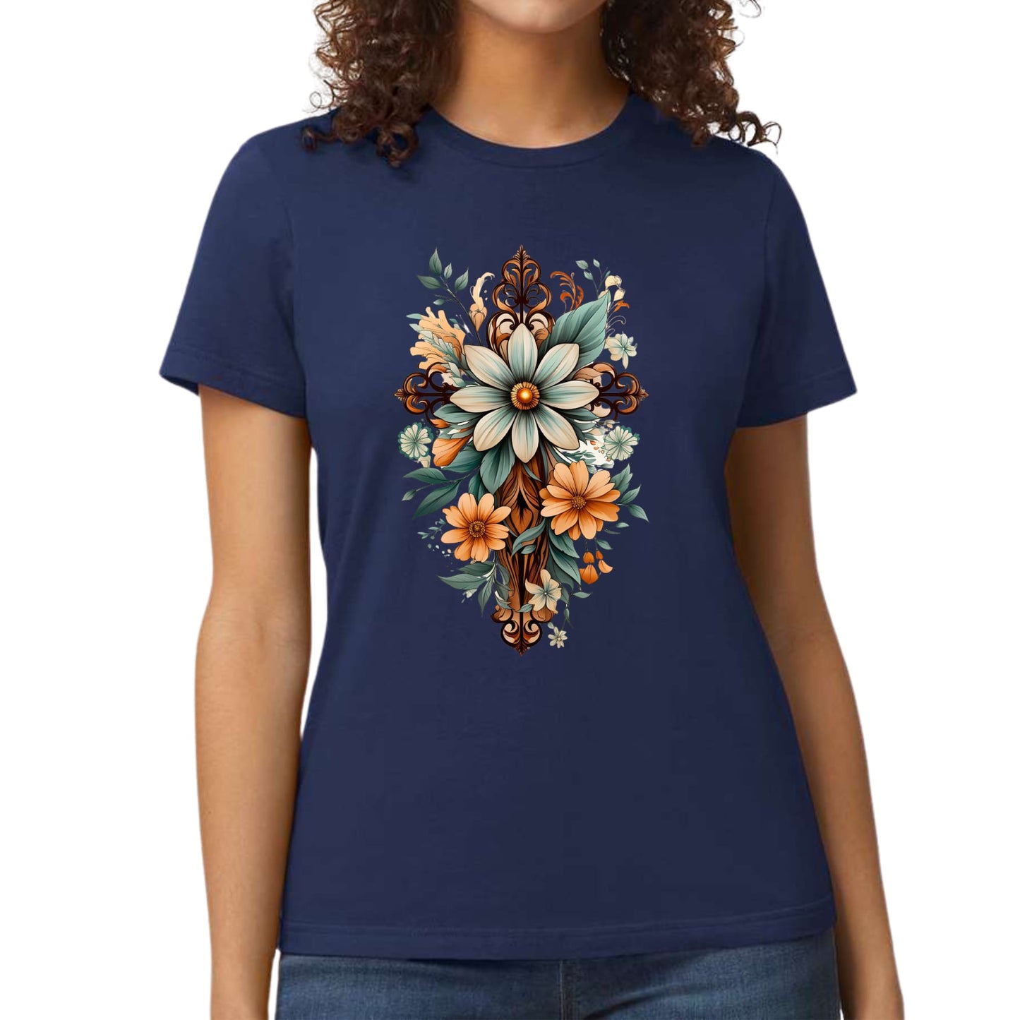 Womens Graphic T-shirt - Christian Cross Floral Bouquet Green and Brown-1