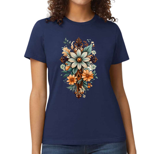 Womens Graphic T-shirt - Christian Cross Floral Bouquet Green and Brown-1