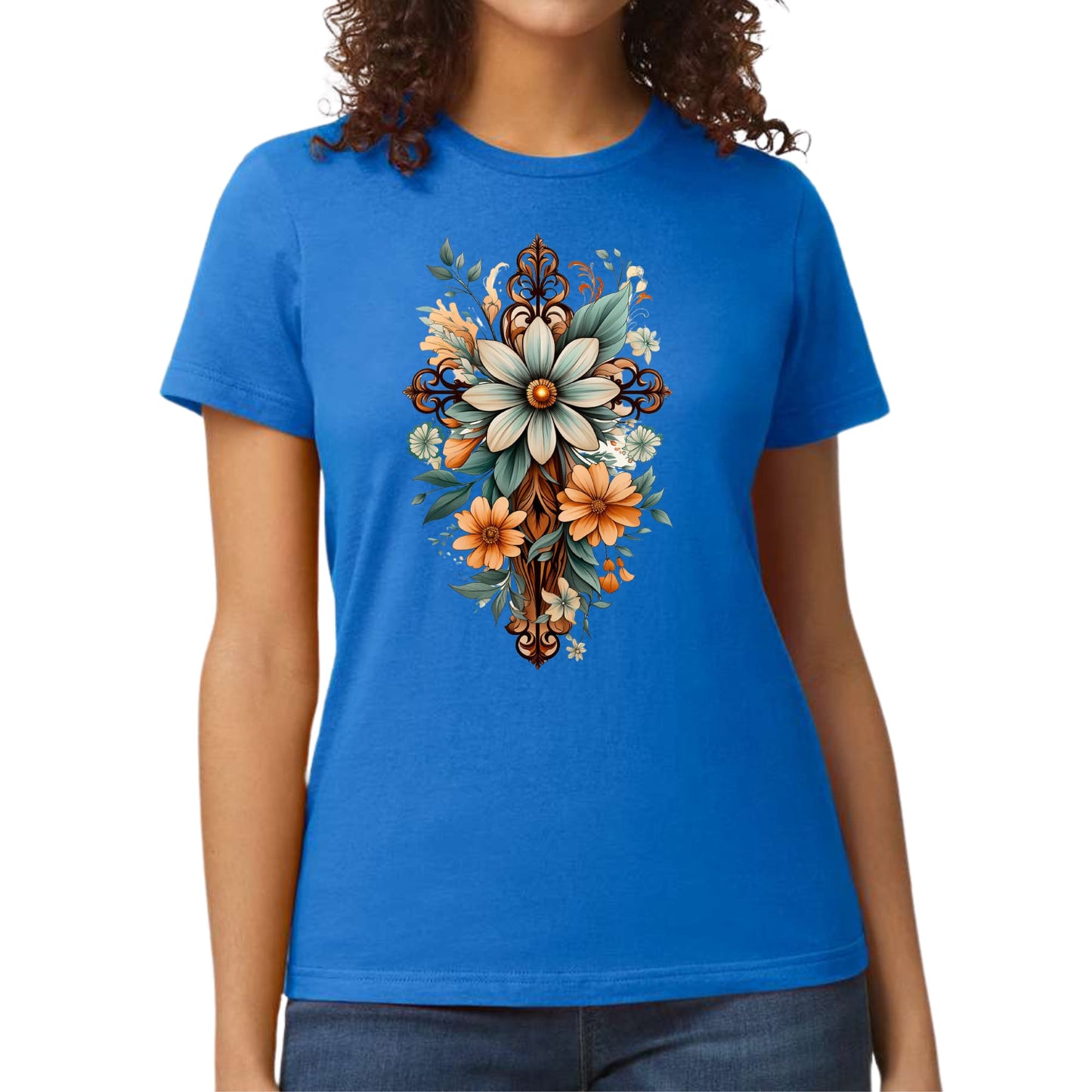 Womens Graphic T-shirt - Christian Cross Floral Bouquet Green and Brown-3