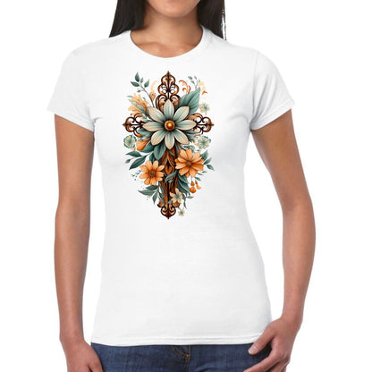 Womens Graphic T-shirt - Christian Cross Floral Bouquet Green and Brown-7
