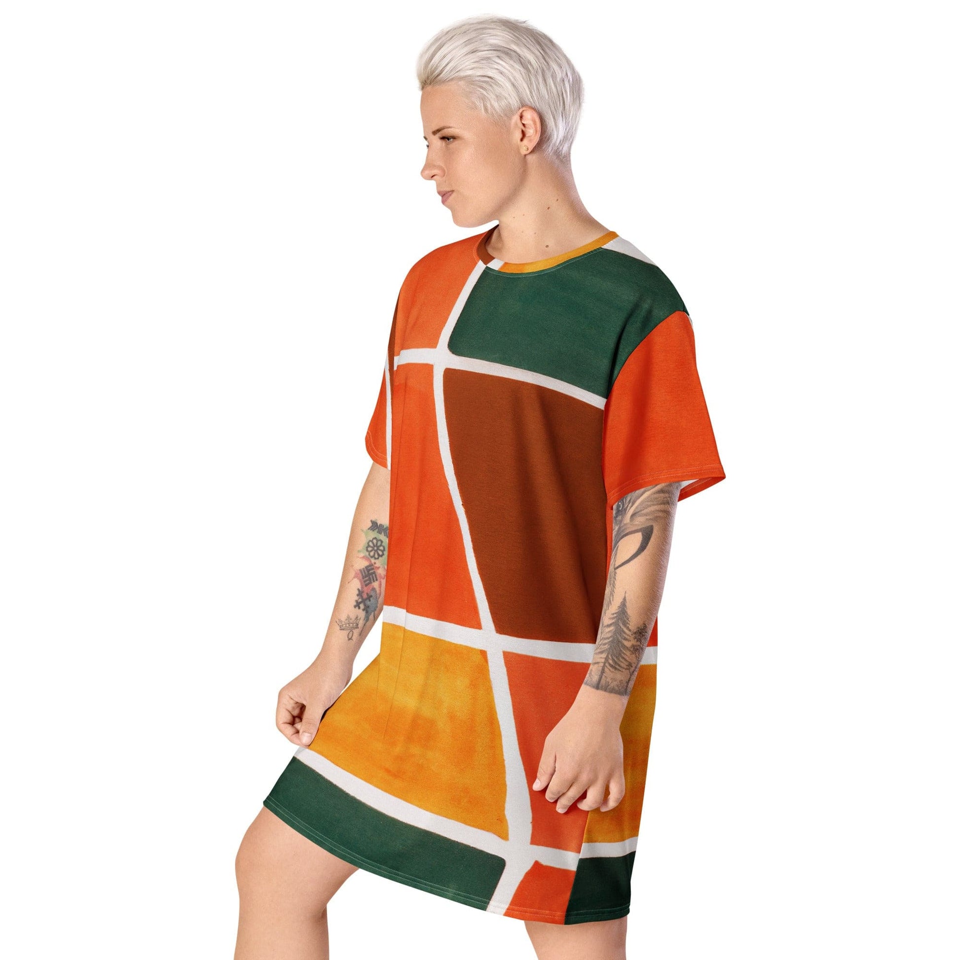Womens Graphic T-shirt Dress - Orange Green Boho Pattern-2