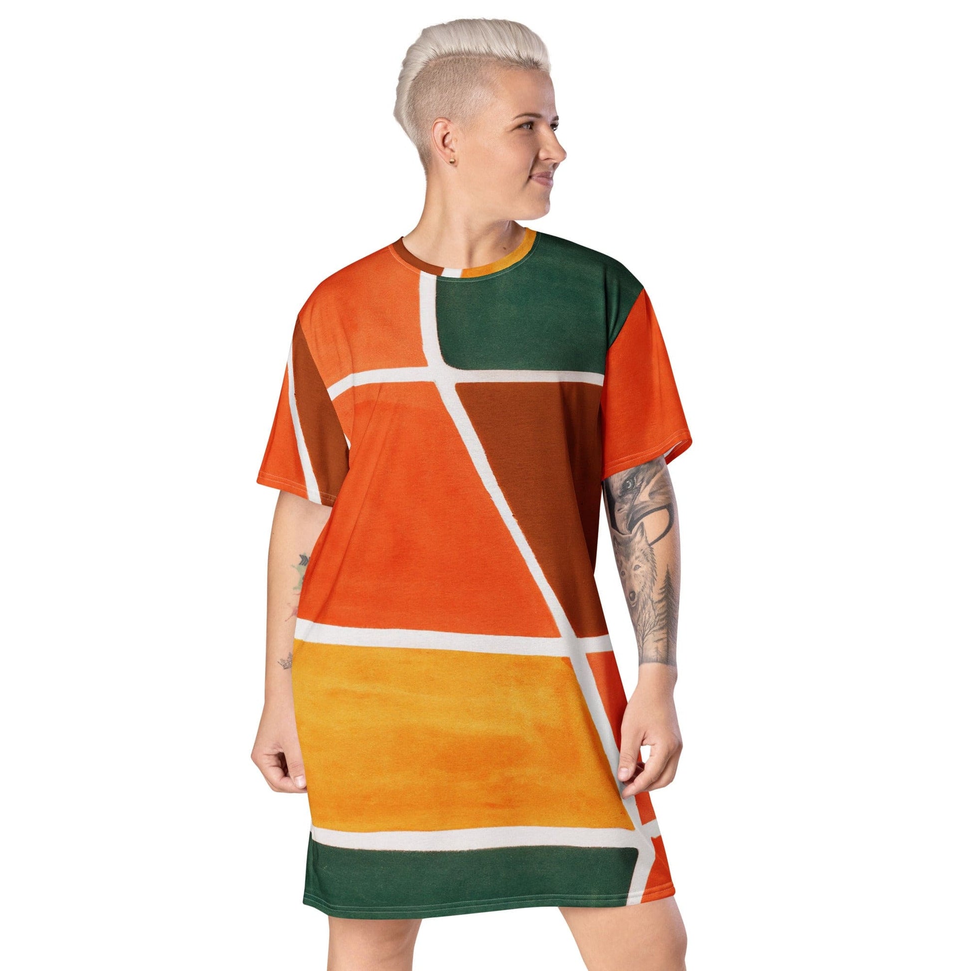 Womens Graphic T-shirt Dress - Orange Green Boho Pattern-0