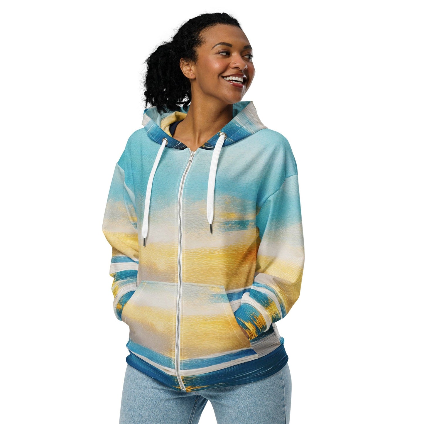 Womens Graphic Zip Hoodie Blue Ocean Golden Sunset Print 3-3