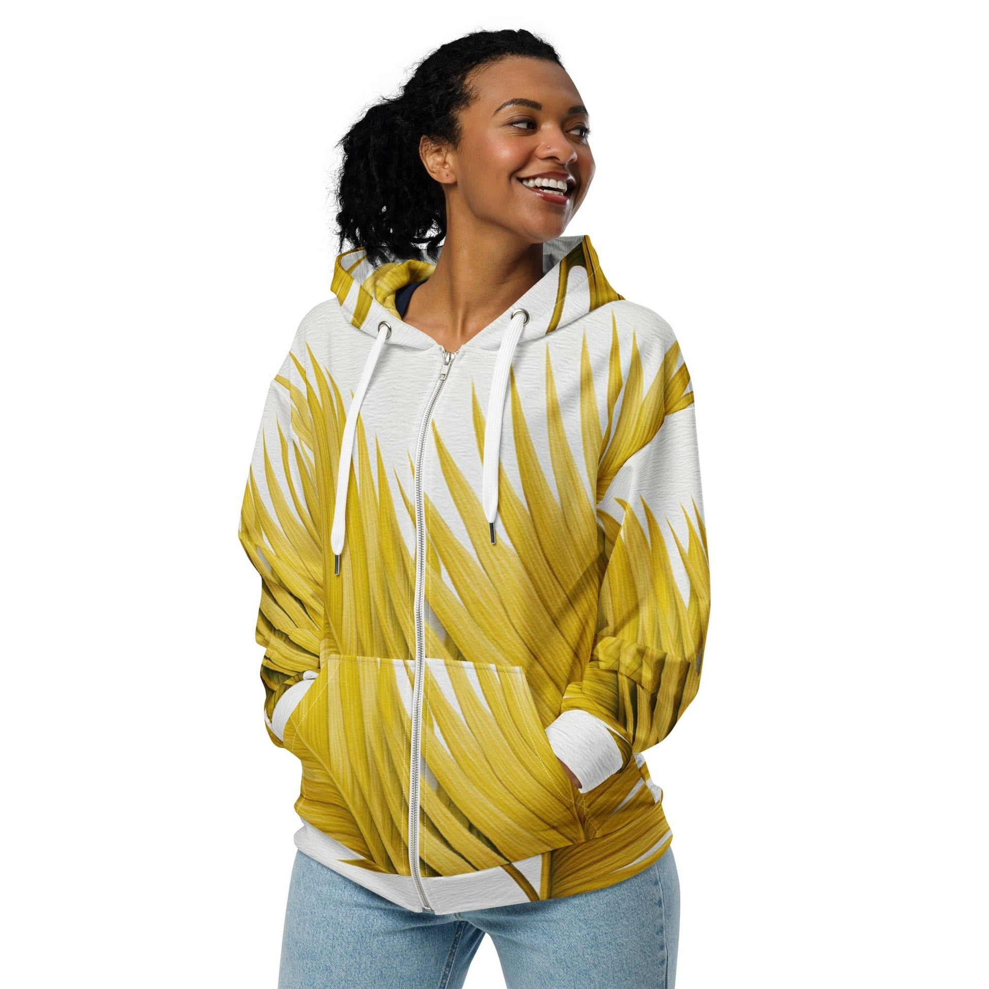 Womens Graphic Zip Hoodie Yellow Palm Leaves-3
