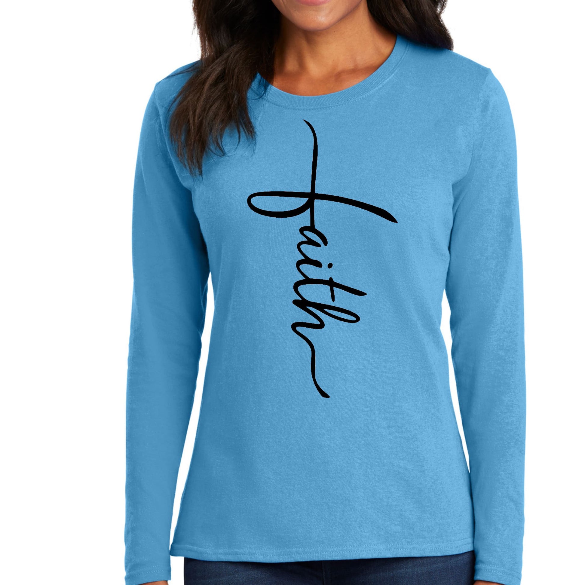 Womens Long Sleeve Graphic T-shirt - Faith Script Cross Black-3
