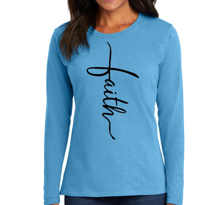 Womens Long Sleeve Graphic T-shirt - Faith Script Cross Black-3