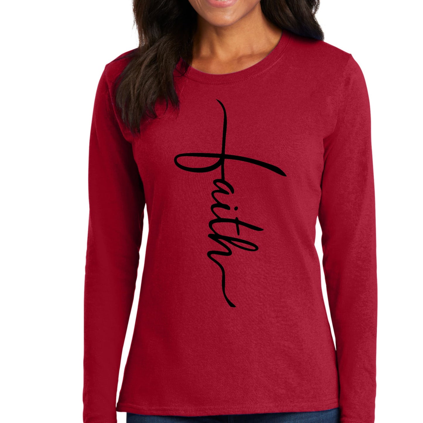 Womens Long Sleeve Graphic T-shirt - Faith Script Cross Black-1