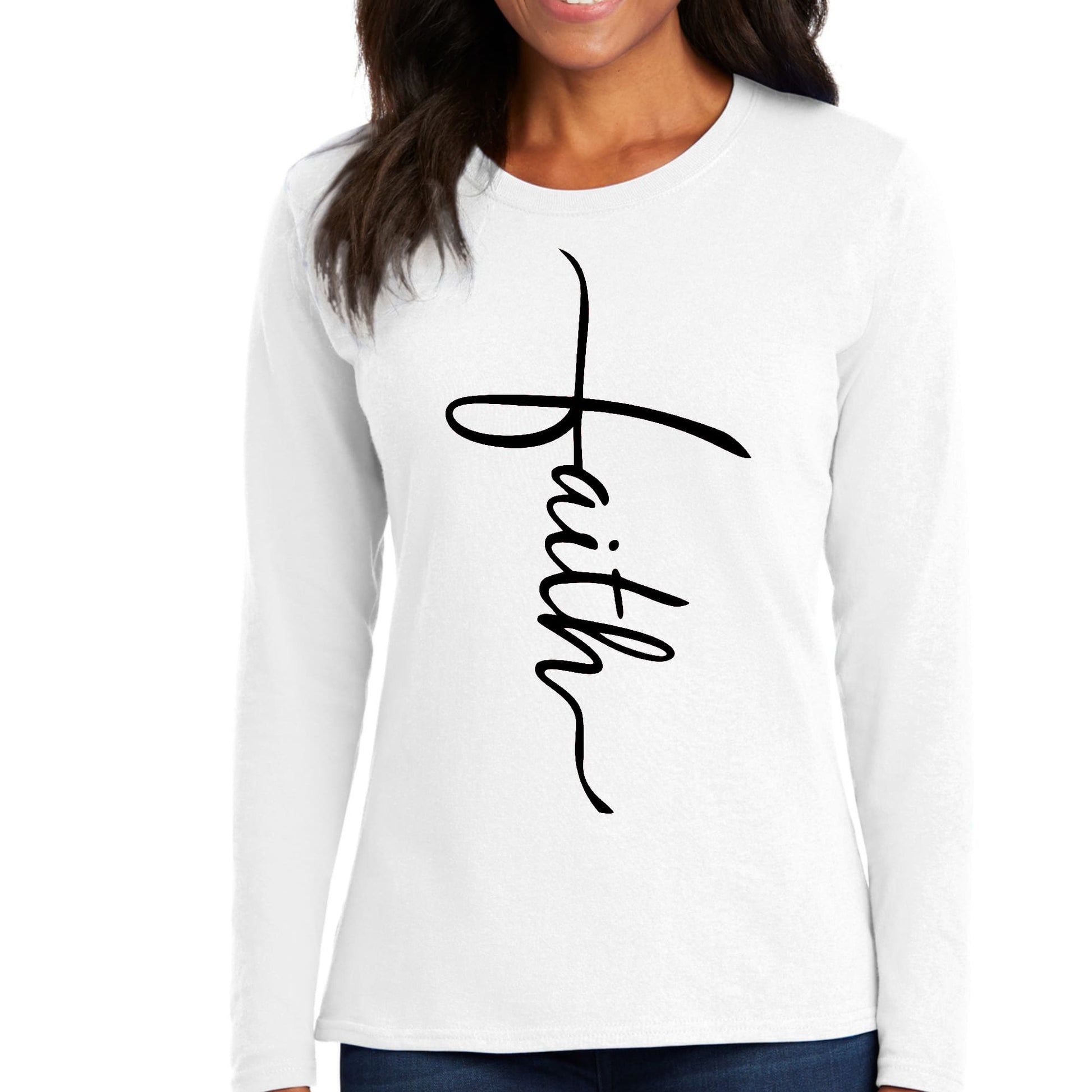 Womens Long Sleeve Graphic T-shirt - Faith Script Cross Black-0
