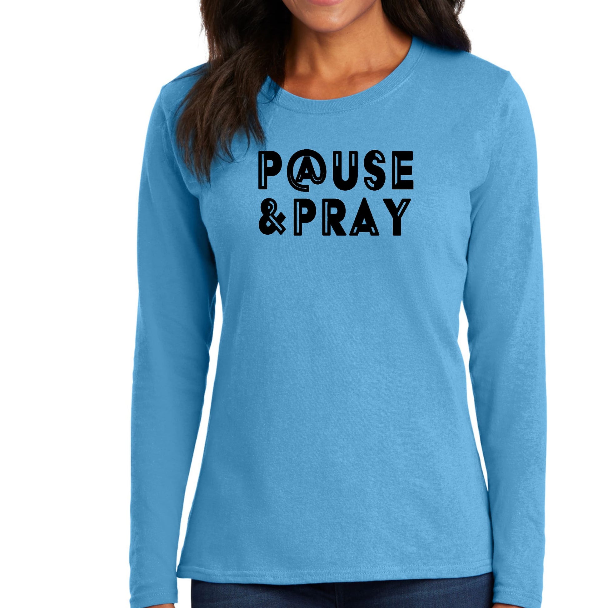 Womens Long Sleeve Graphic T-shirt - Pause and Pray Black Illustration-3
