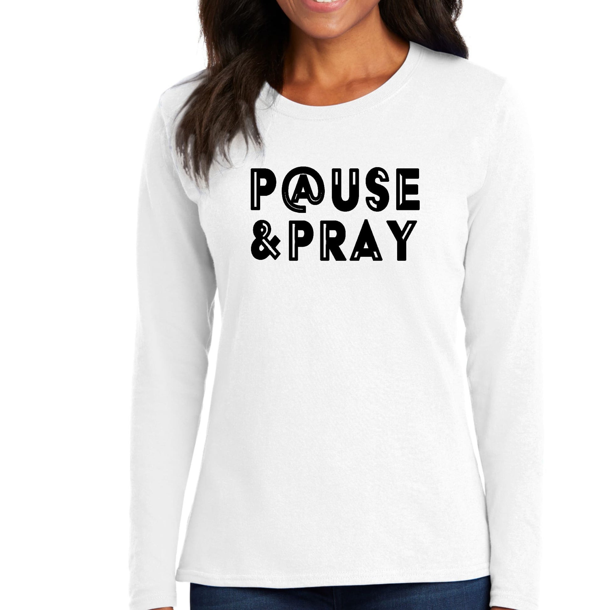 Womens Long Sleeve Graphic T-shirt - Pause and Pray Black Illustration-0