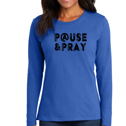 Womens Long Sleeve Graphic T-shirt - Pause and Pray Black Illustration-2